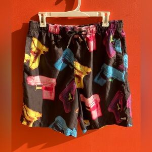 Neff men’s swimsuit black with neon water gun pattern size L